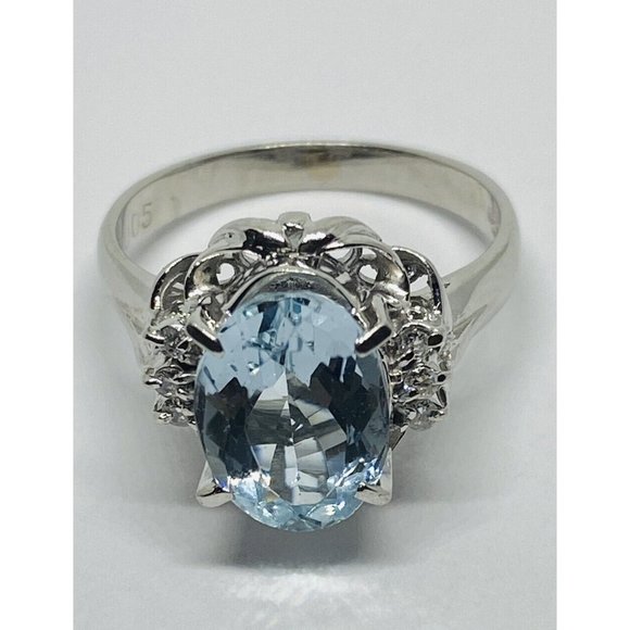 Solid Platinum Solitaire Aquamarine and .05 Cttw Diamond Charm Pendant Chain Necklace 18